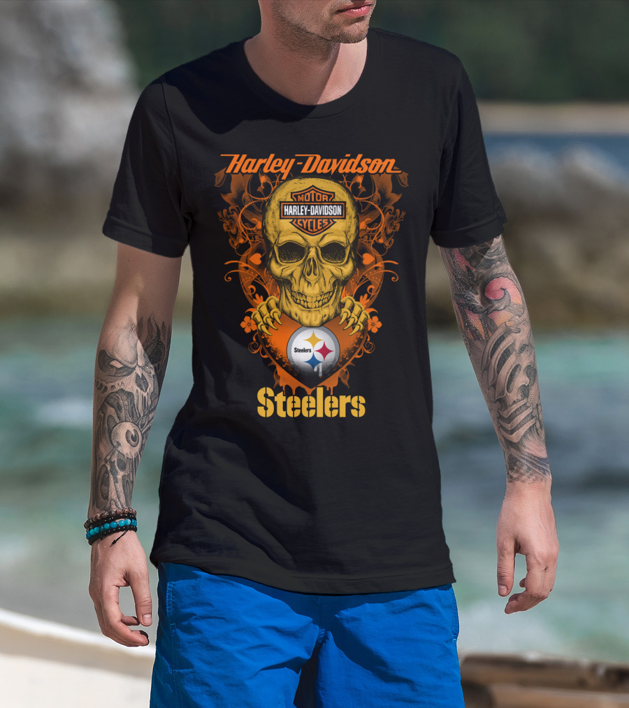 Harley Davidson Motorcycles Skull With Pittsburgh Steelers T-Shirt