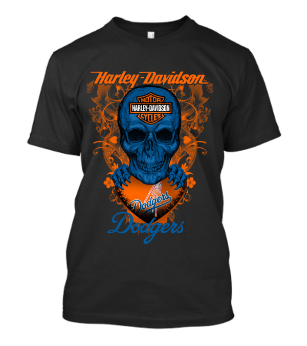 Harley Davidson Motor Cycles Skull Dodgers Los Angeles Baseball T-Shirt