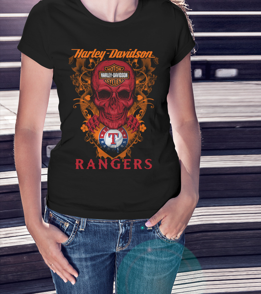Harley Davidson Motor Cycles Skull Texas Rangers Mlb T-Shirt