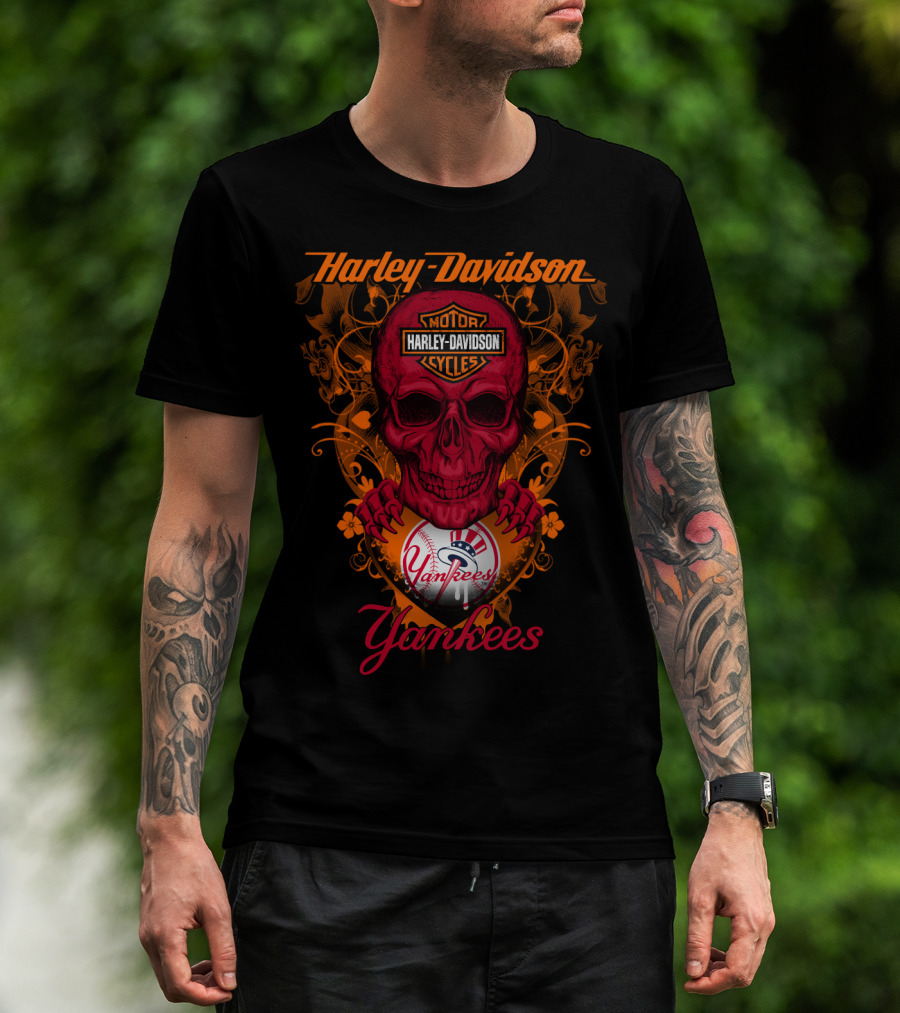 Harley Davidson Motor Cycles Skull Yankees T-Shirt