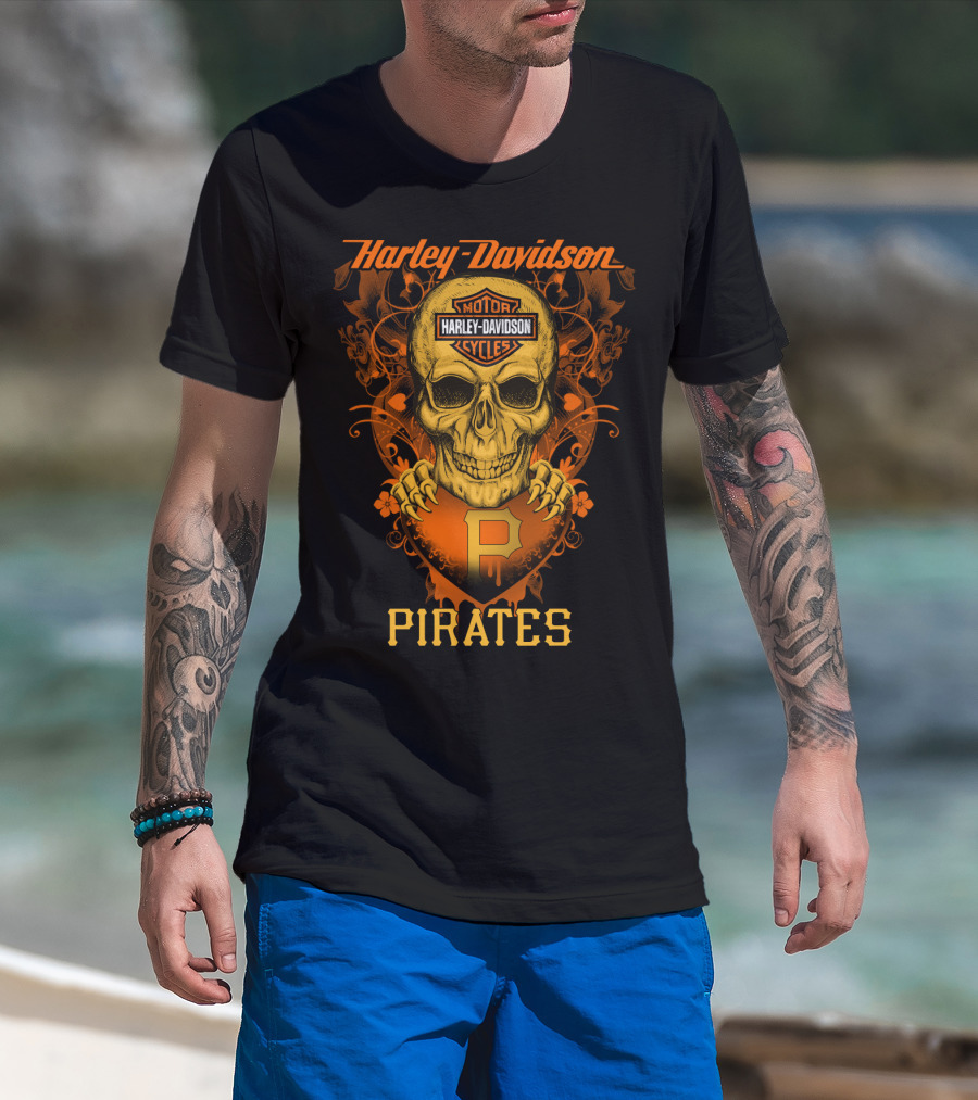 Harley Davidson Motor Cycles Skull Pittsburgh Pirates T-Shirt