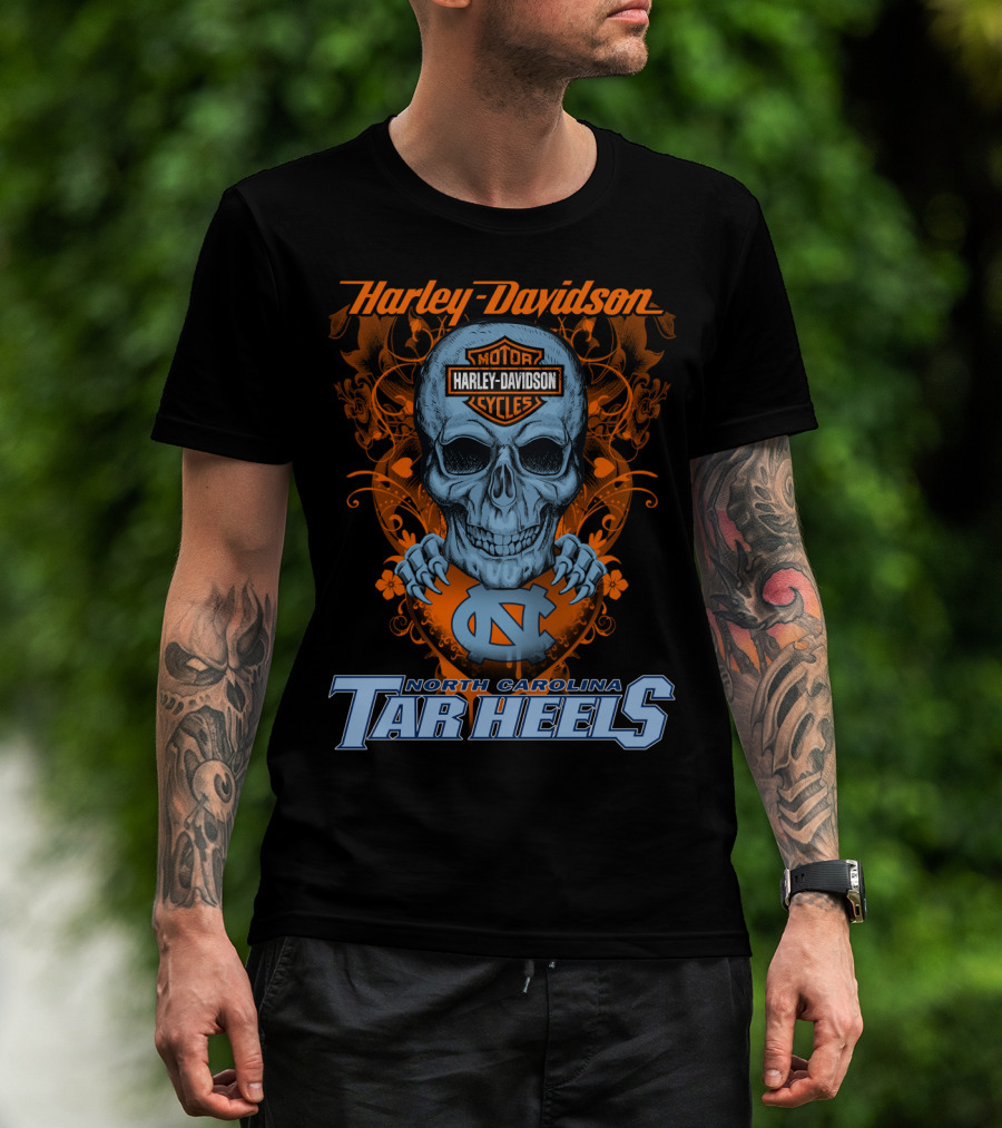 Harley Davidson Skull With North Carolina Tar Heels T-Shirt