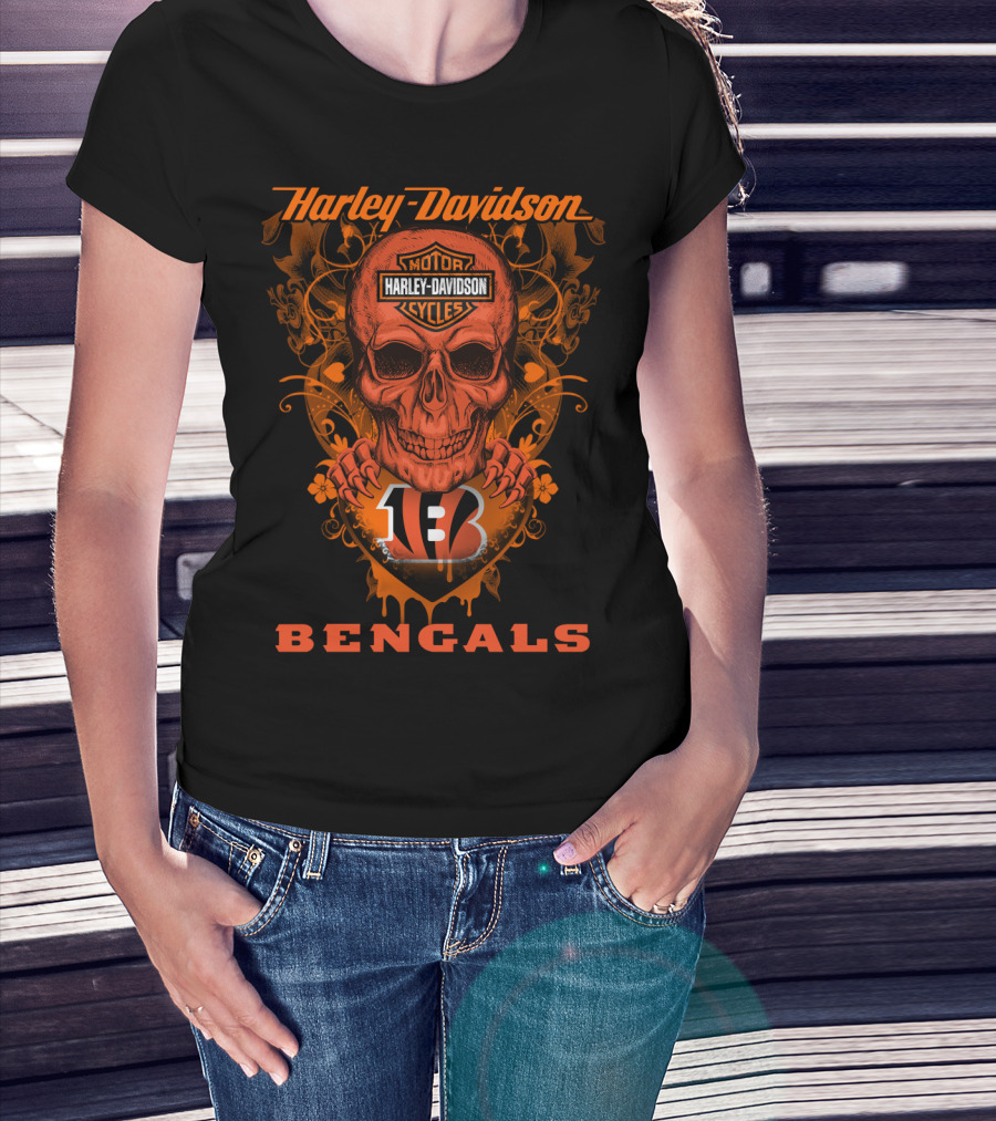 Harley Davidson Motor Cycles Skull Cincinnati Bengals T-Shirt