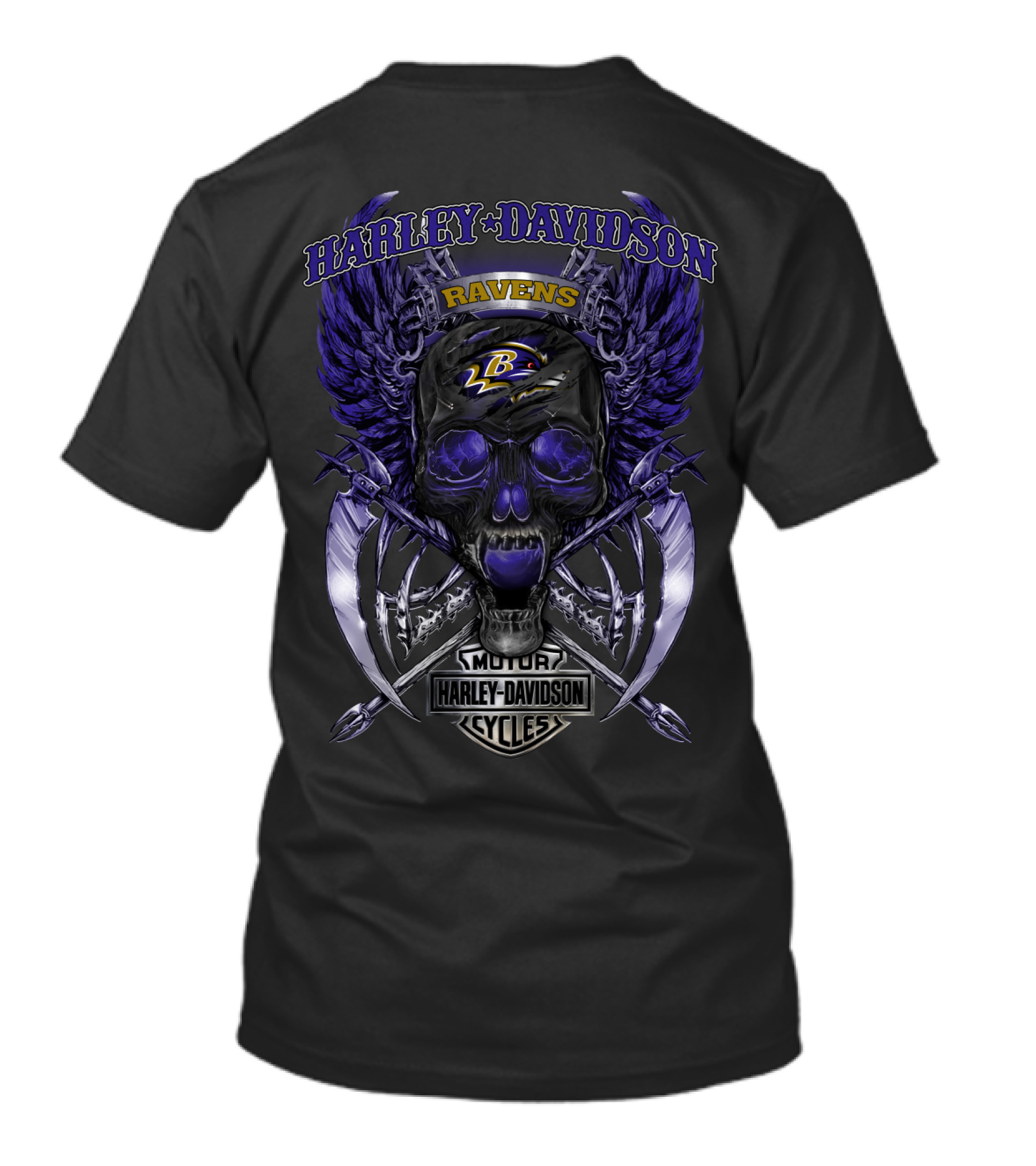 Harley Davidson Motor Cycles Ravens Baltimore L B Logo Skull And Wings T-Shirt