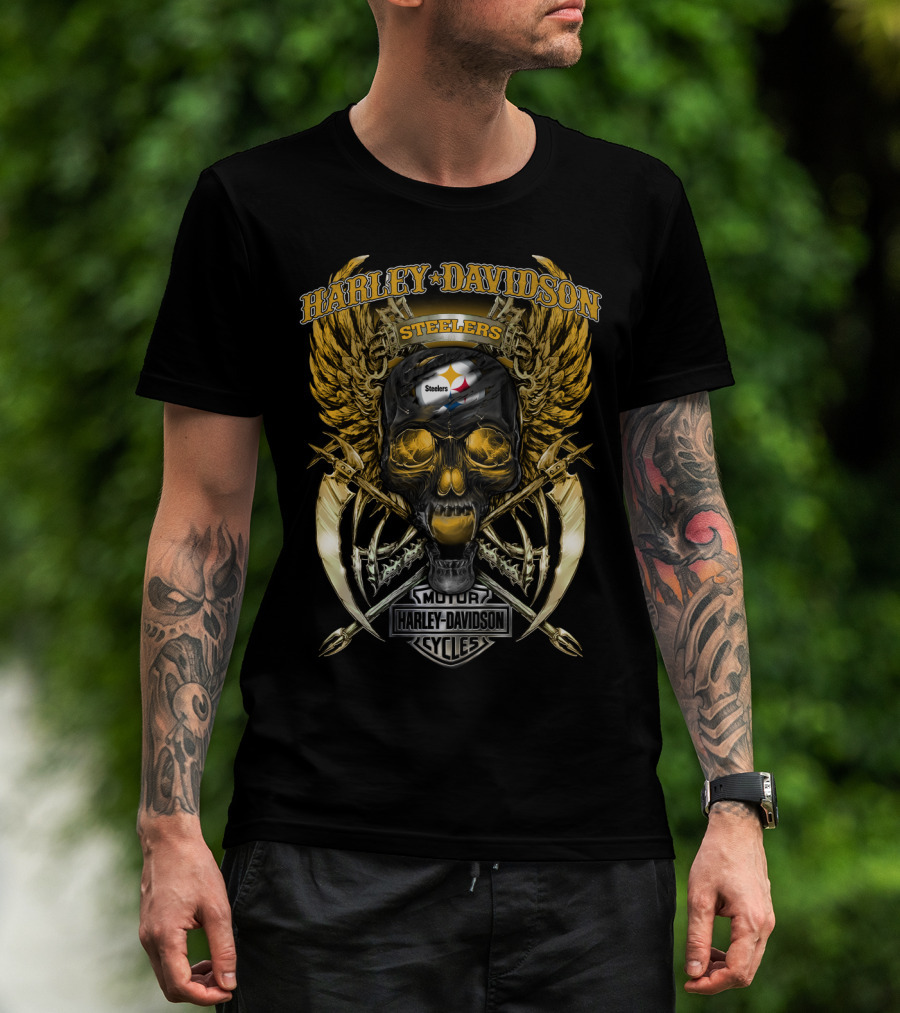 Harley Davidson Steelers Skull With Wings And Swords T-Shirt