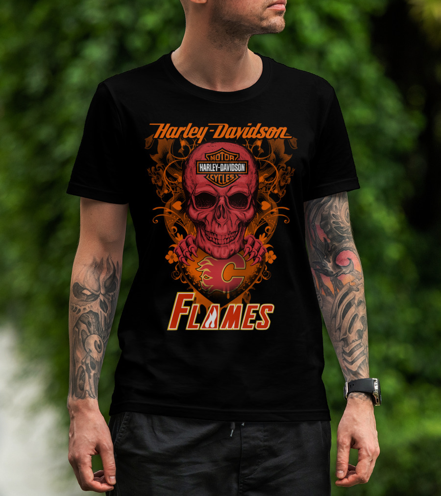 Harley Davidson Calgary Flames Nhl Skull Flames T-Shirt