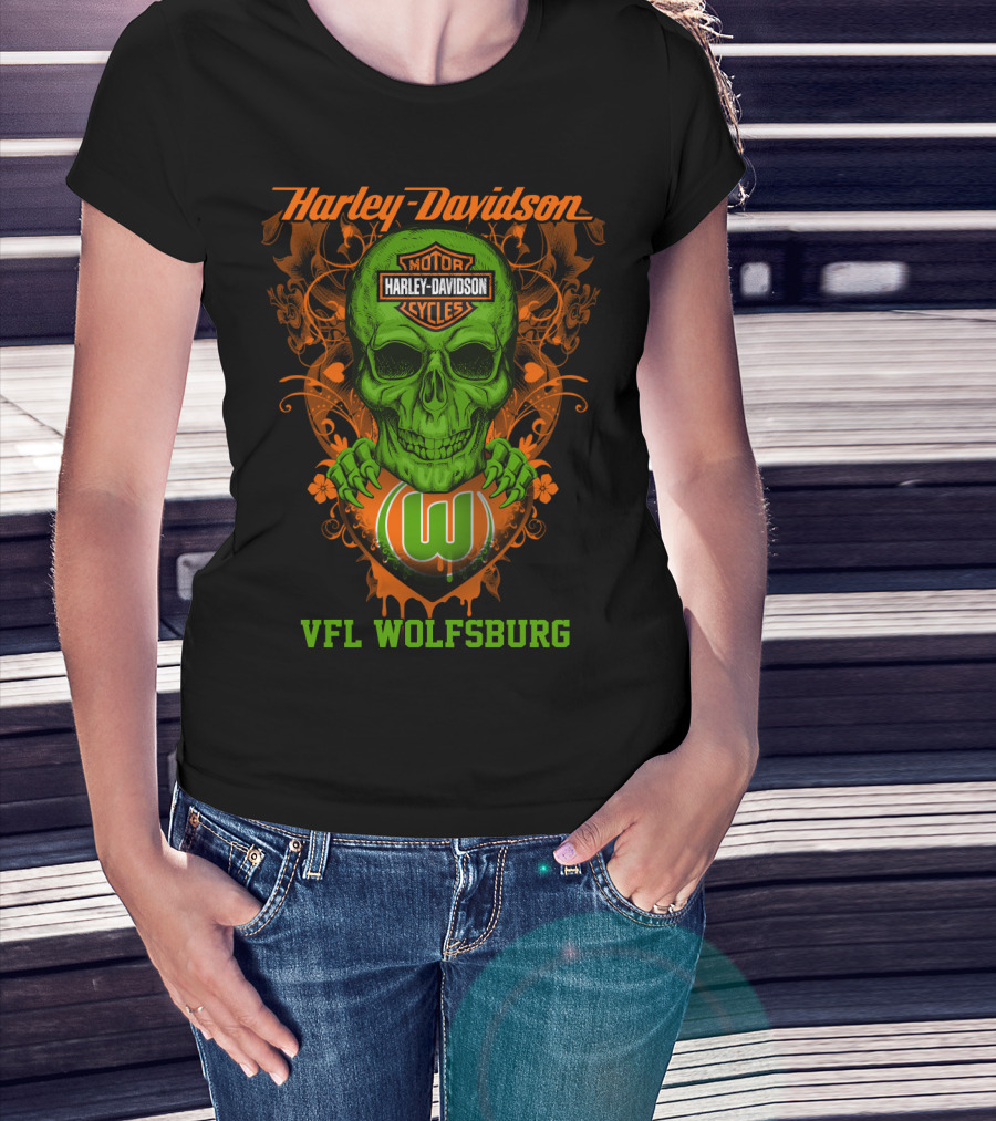 Harley Davidson Motorcycle Vfl Wolfsburg Green Skull T-Shirt