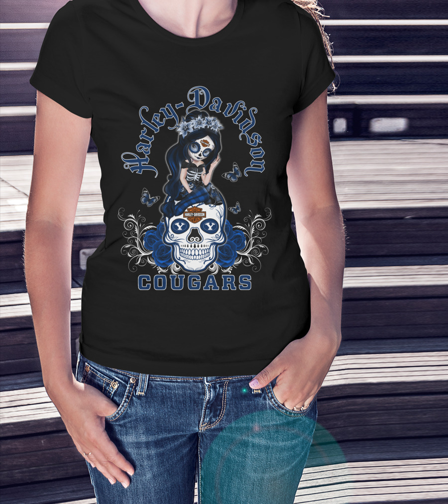 Harley Davidson Byu Cougars Skull Art With Blue Roses And Butterflies T-Shirt