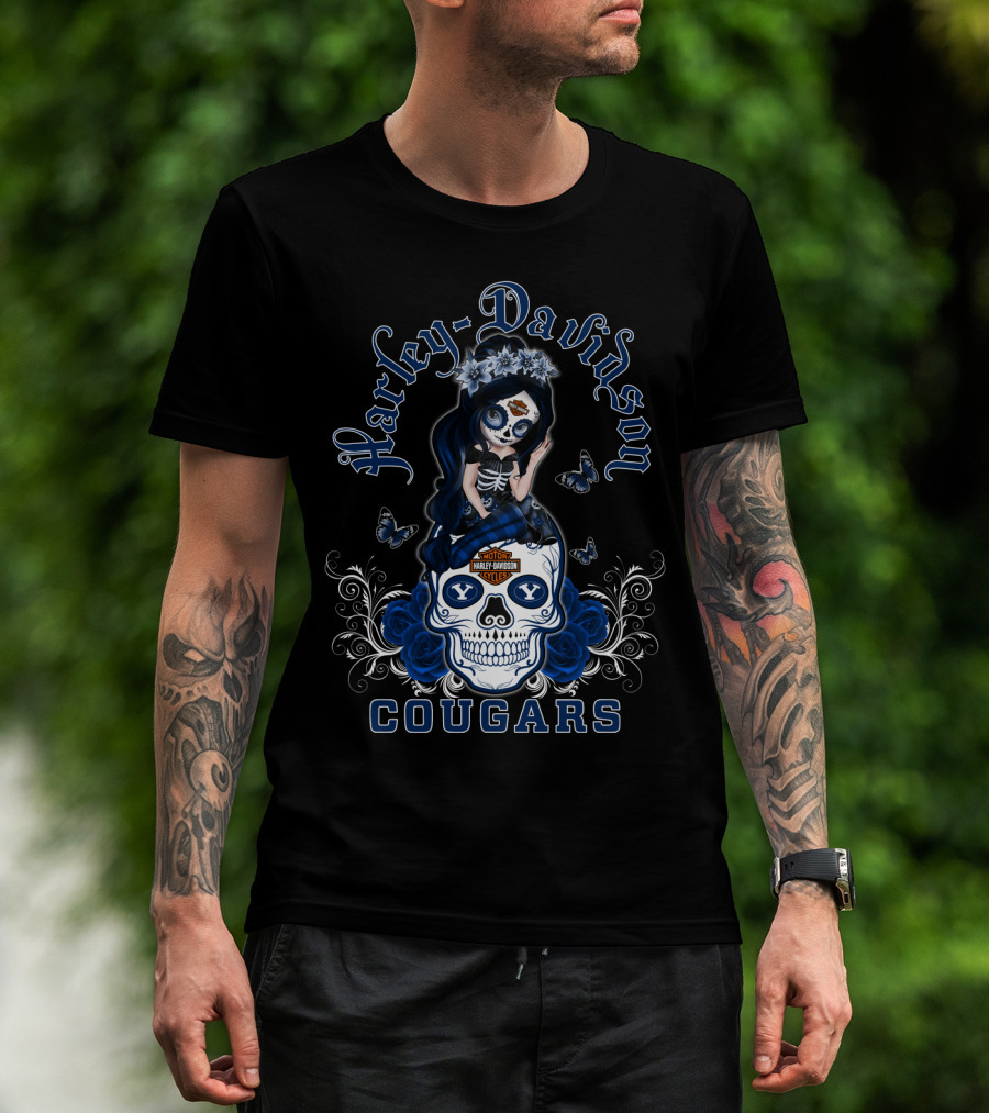 Harley Davidson Byu Cougars Skull Art With Blue Roses And Butterflies T-Shirt