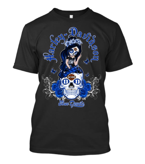 Harley Davidson Blue Devils Skull Art With Butterflies And Roses T-Shirt