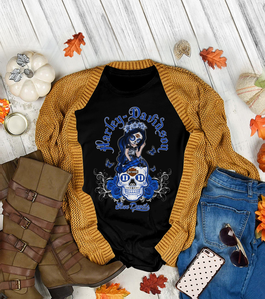 Harley Davidson Blue Devils Skull Art With Butterflies And Roses T-Shirt