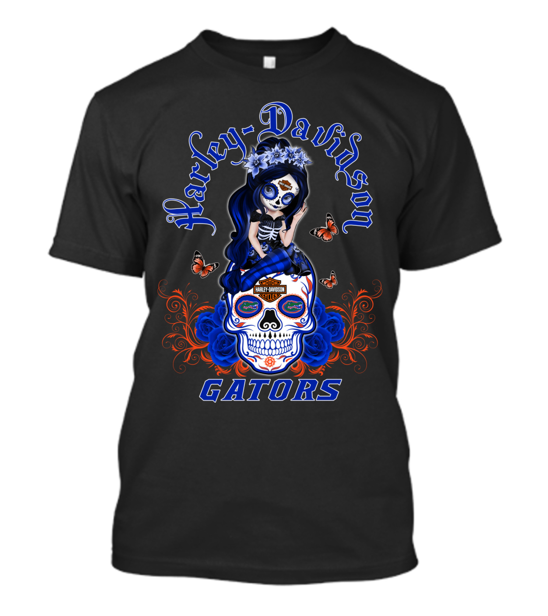 Harley Davidson Florida Gators Skull With Blue Roses And Butterflies T-Shirt