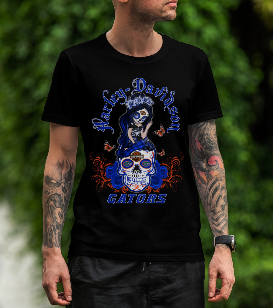 Harley Davidson Florida Gators Skull With Blue Roses And Butterflies T-Shirt