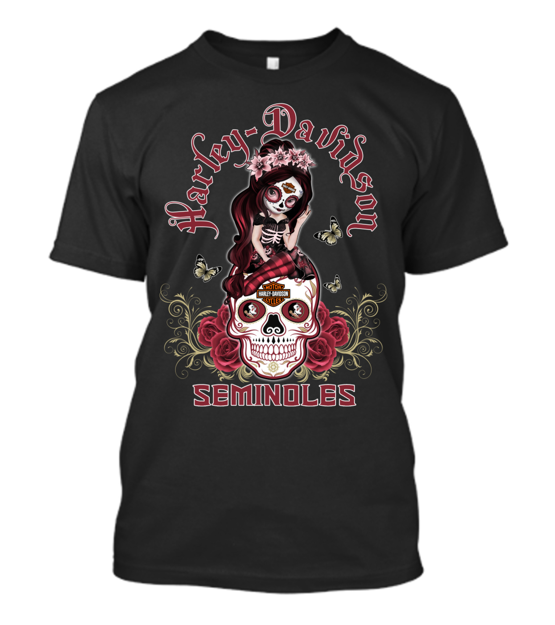 Harley Davidson Seminoles Skull Girl With Roses And Butterflies T-Shirt