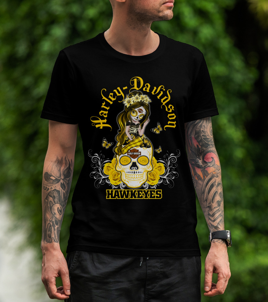 Harley Davidson Iowa Hawkeyes Day Of The Dead Girl With Skull And Butterflies T-Shirt