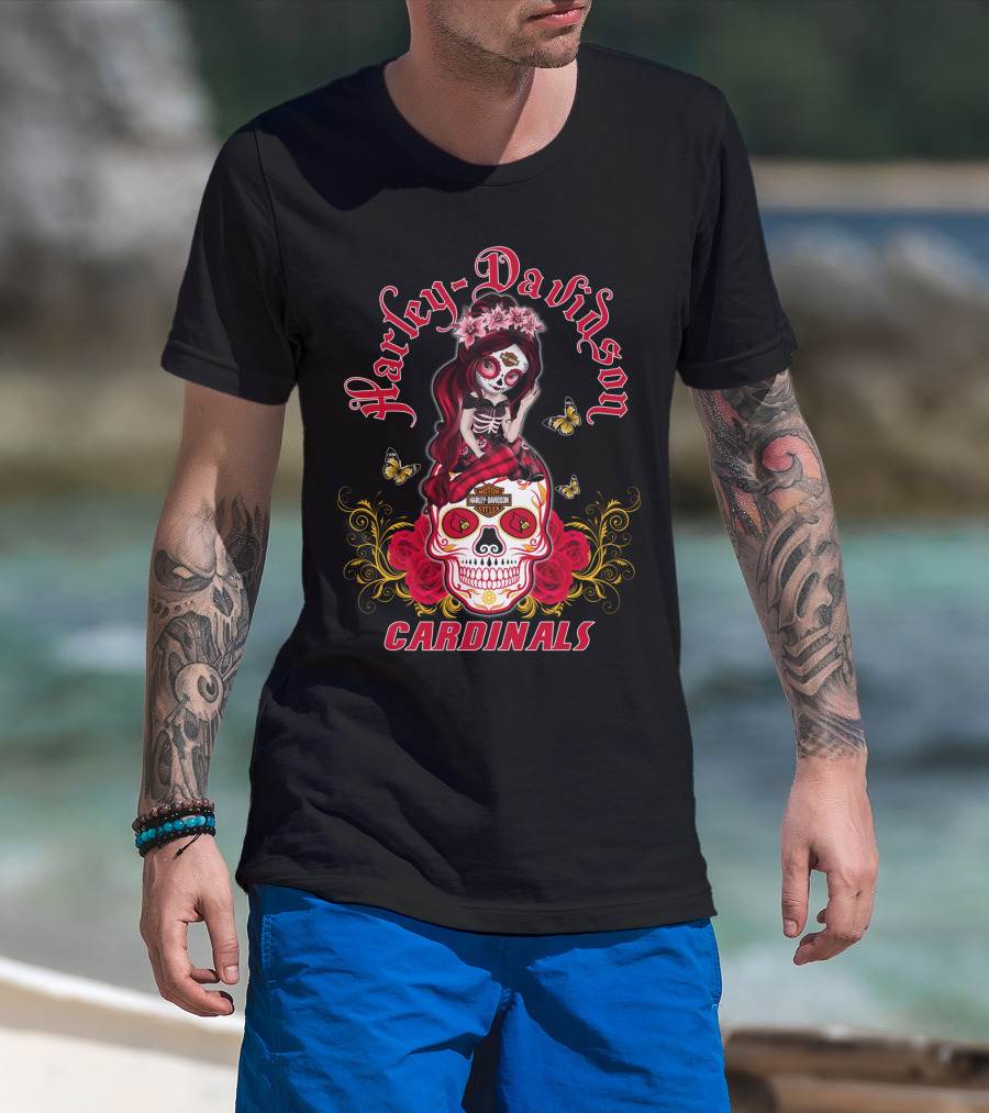 Harley Davidson Girl Louisville Cardinals Skull Rose Butterflies T-Shirt