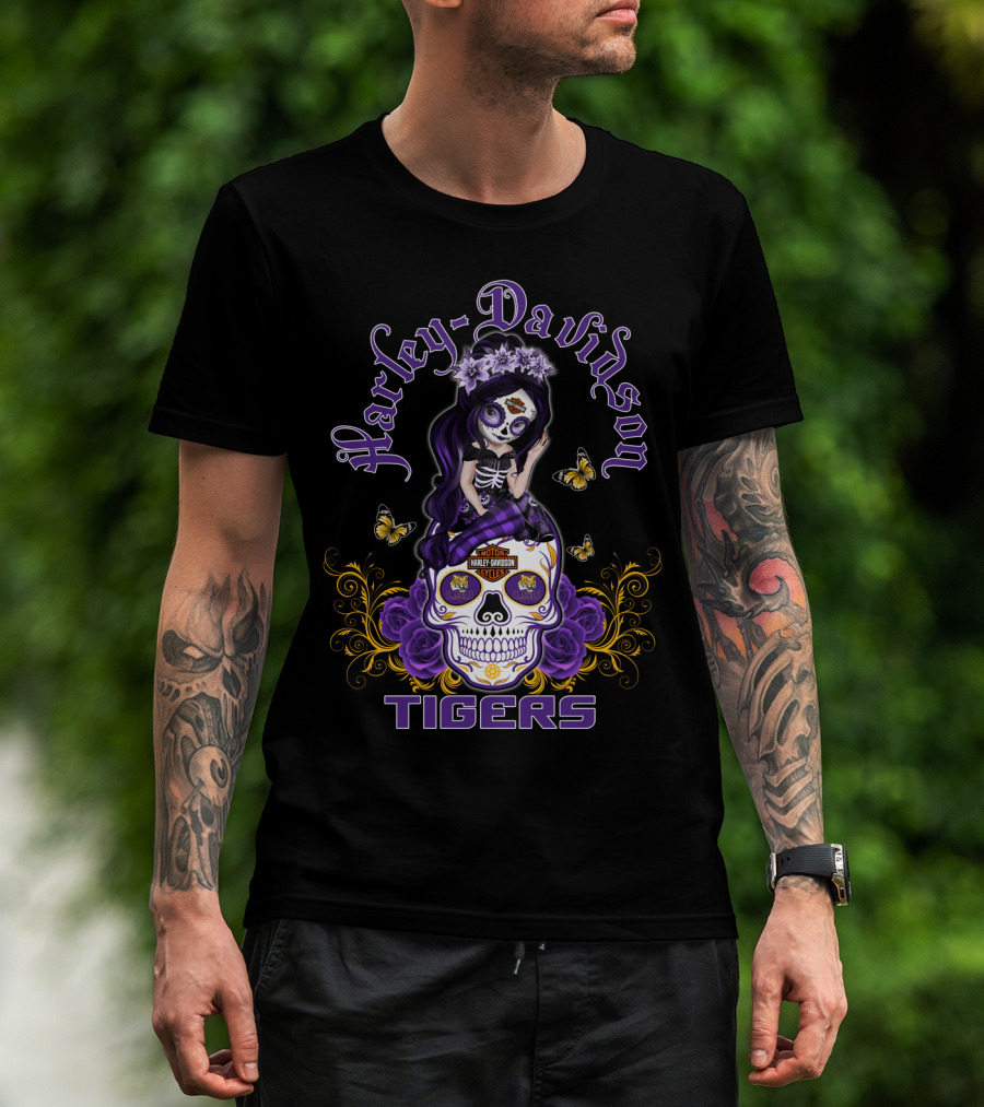Harley Davidson Lsu Tigers Skull With Purple Flowers And Butterflies T-Shirt