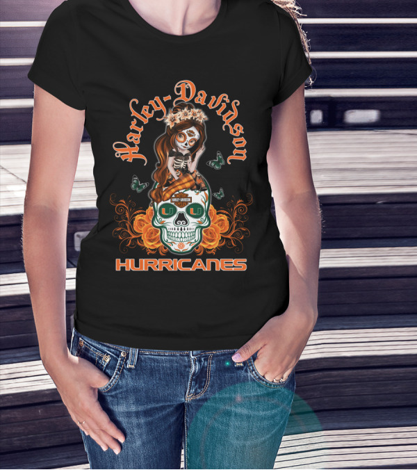 Harley Davidson Miami Hurricanes Butterfly Skull Roses T-Shirt