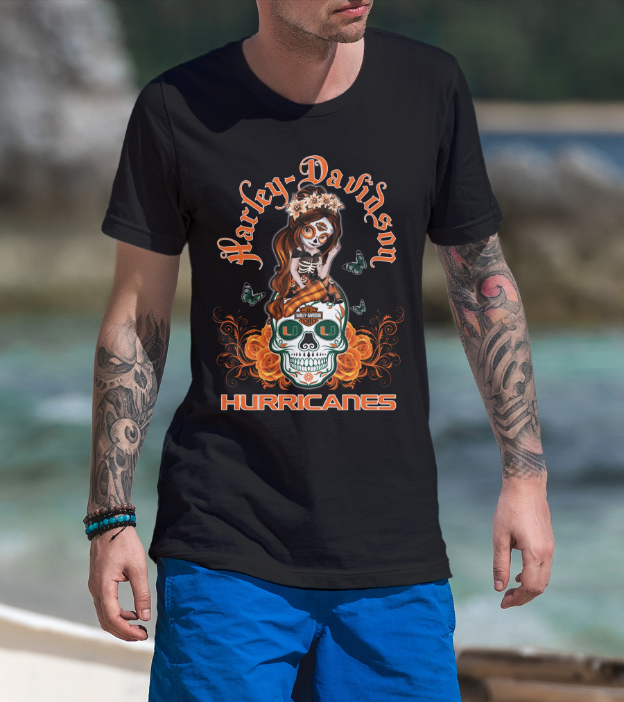 Harley Davidson Miami Hurricanes Butterfly Skull Roses T-Shirt