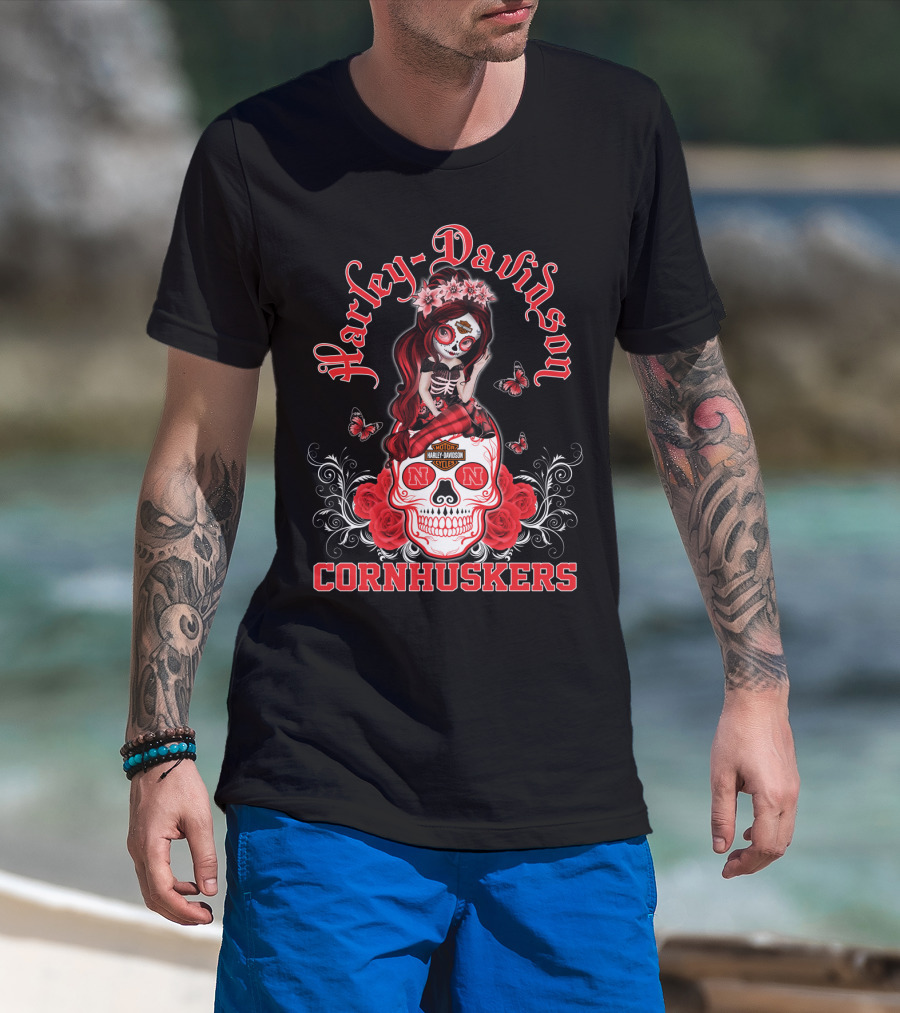 Harley Davidson Nebraska Cornhuskers Skull Roses Girl T-Shirt