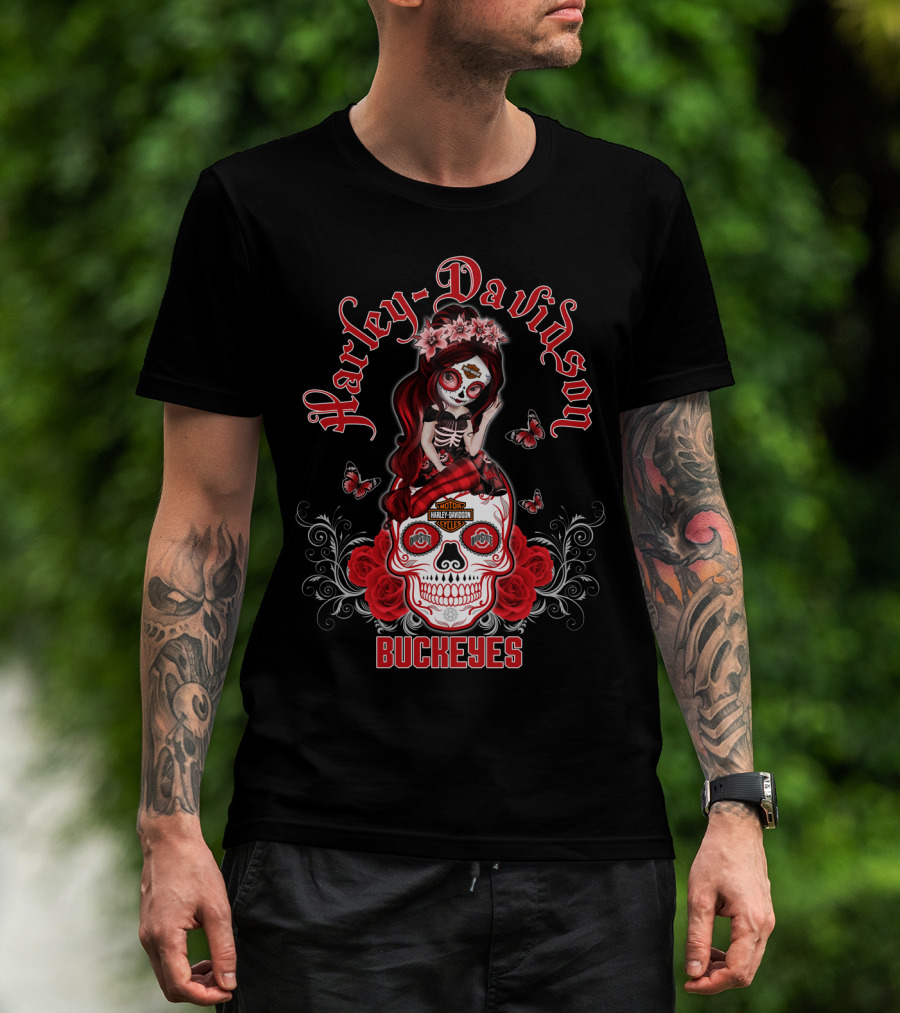 Harley Davidson Buckeyes Ohio State Skull Design Girl With Roses And Butterflies T-Shirt