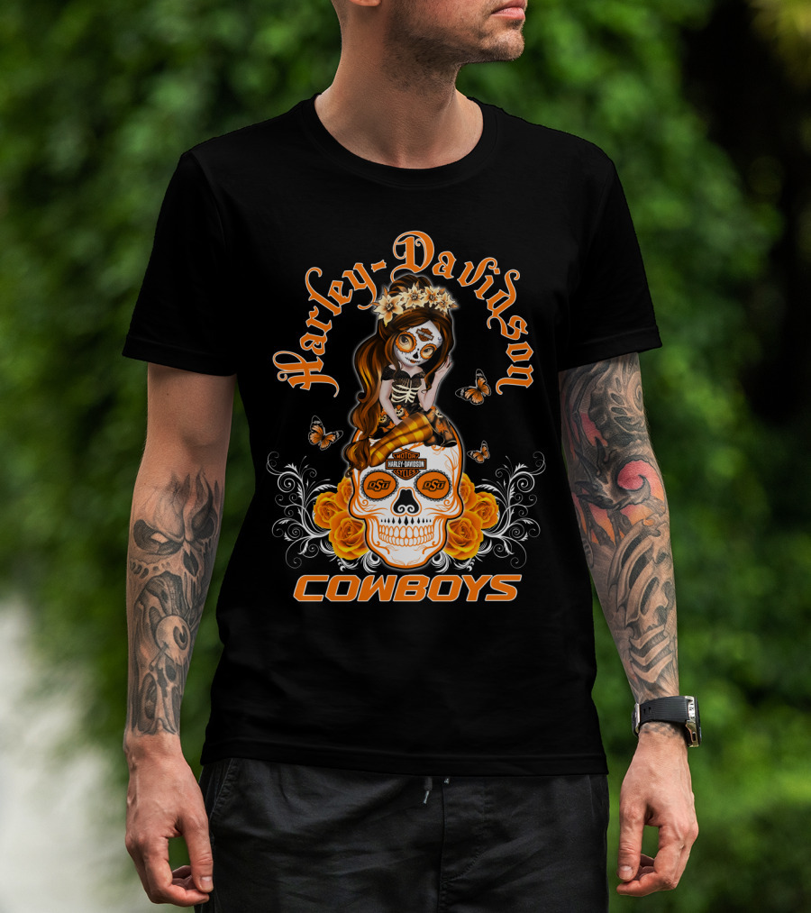 Harley Davidson Osu Cowboys Sugar Skull Roses Butterfly T-Shirt