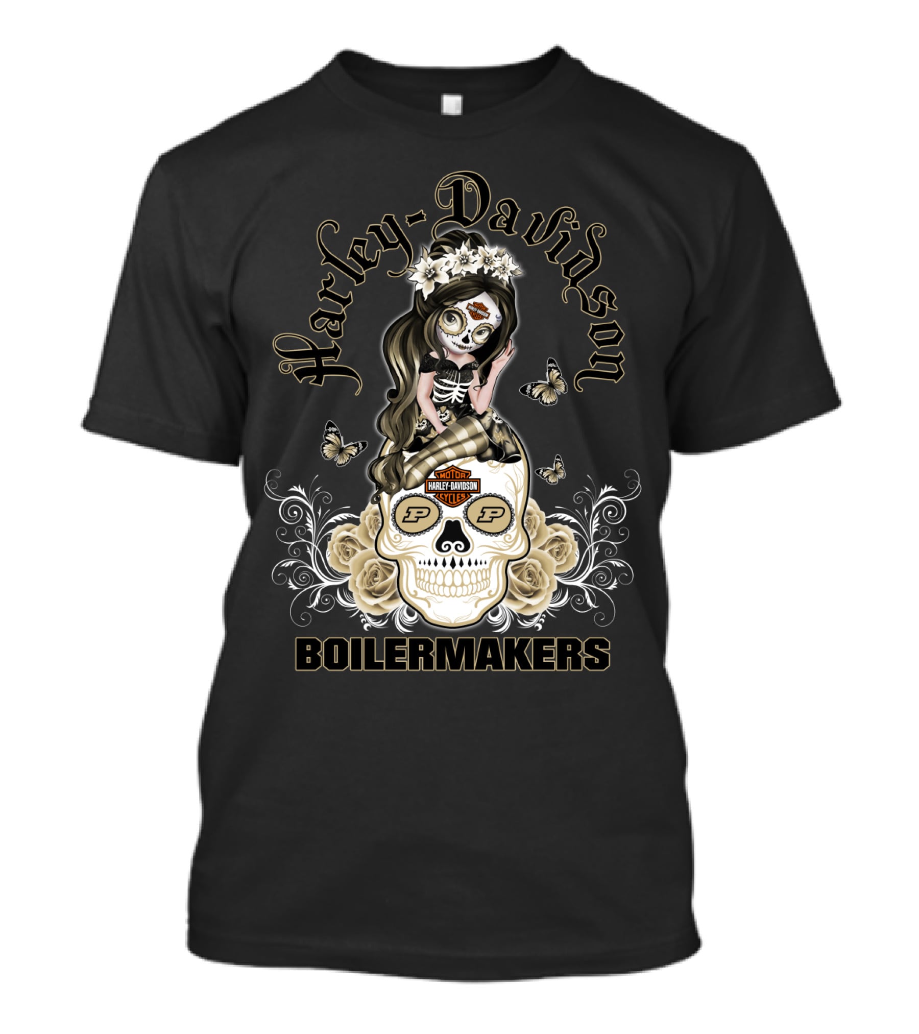 Harley Davidson Motor Cycles Boilermakers Purdue P Skull Roses Butterflies T-Shirt