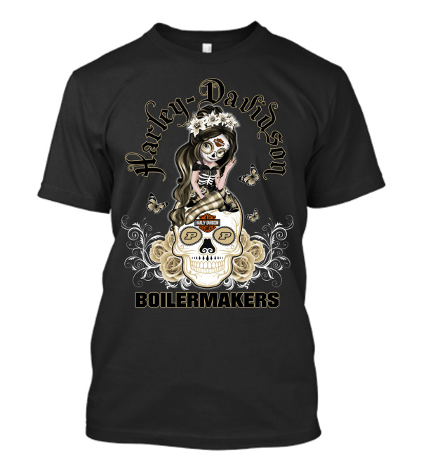 Harley Davidson Motor Cycles Boilermakers Purdue P Skull Roses Butterflies T-Shirt