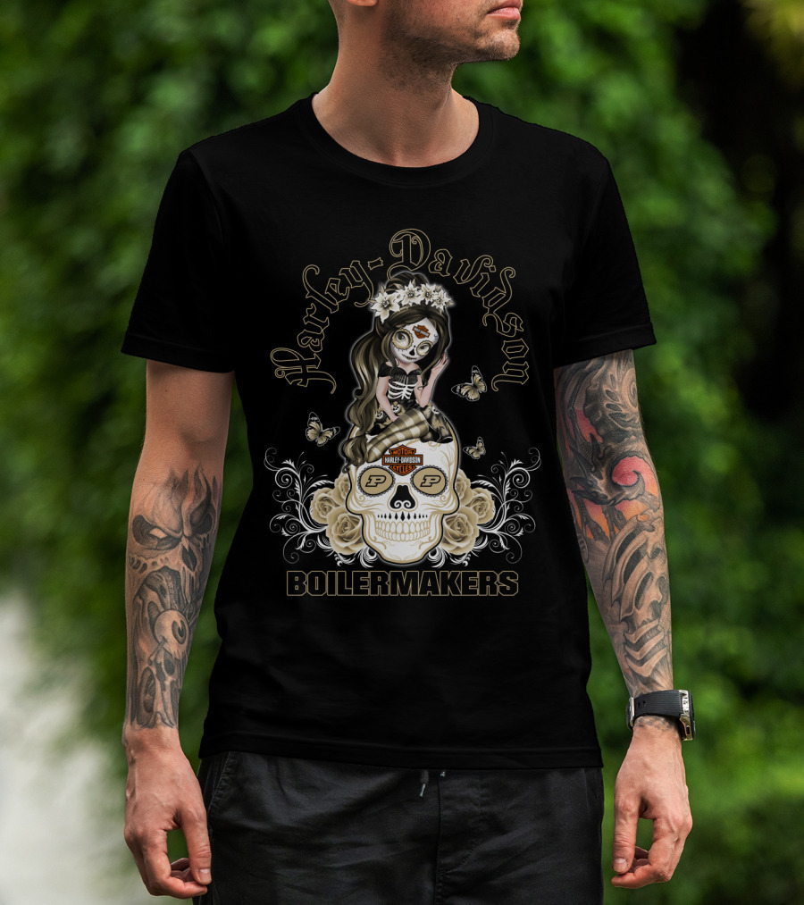 Harley Davidson Motor Cycles Boilermakers Purdue P Skull Roses Butterflies T-Shirt