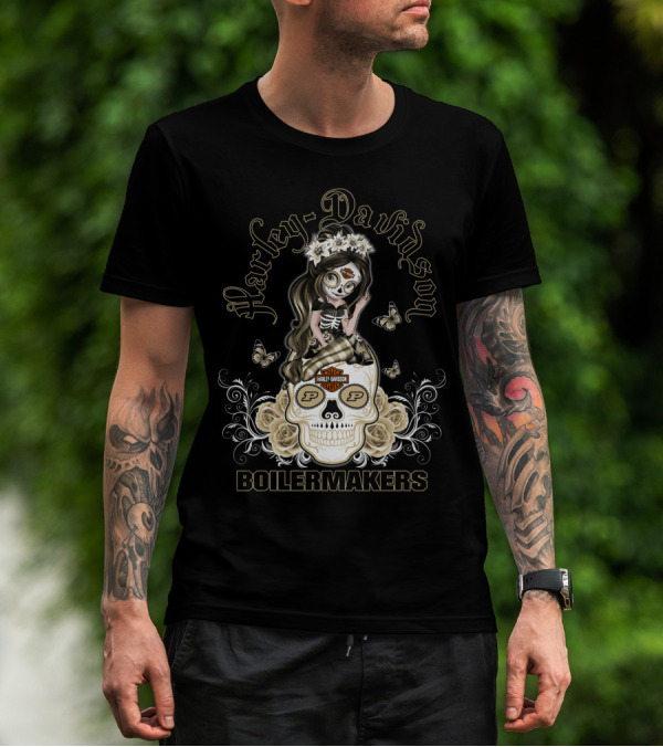 Harley Davidson Motor Cycles Boilermakers Purdue P Skull Roses Butterflies T-Shirt