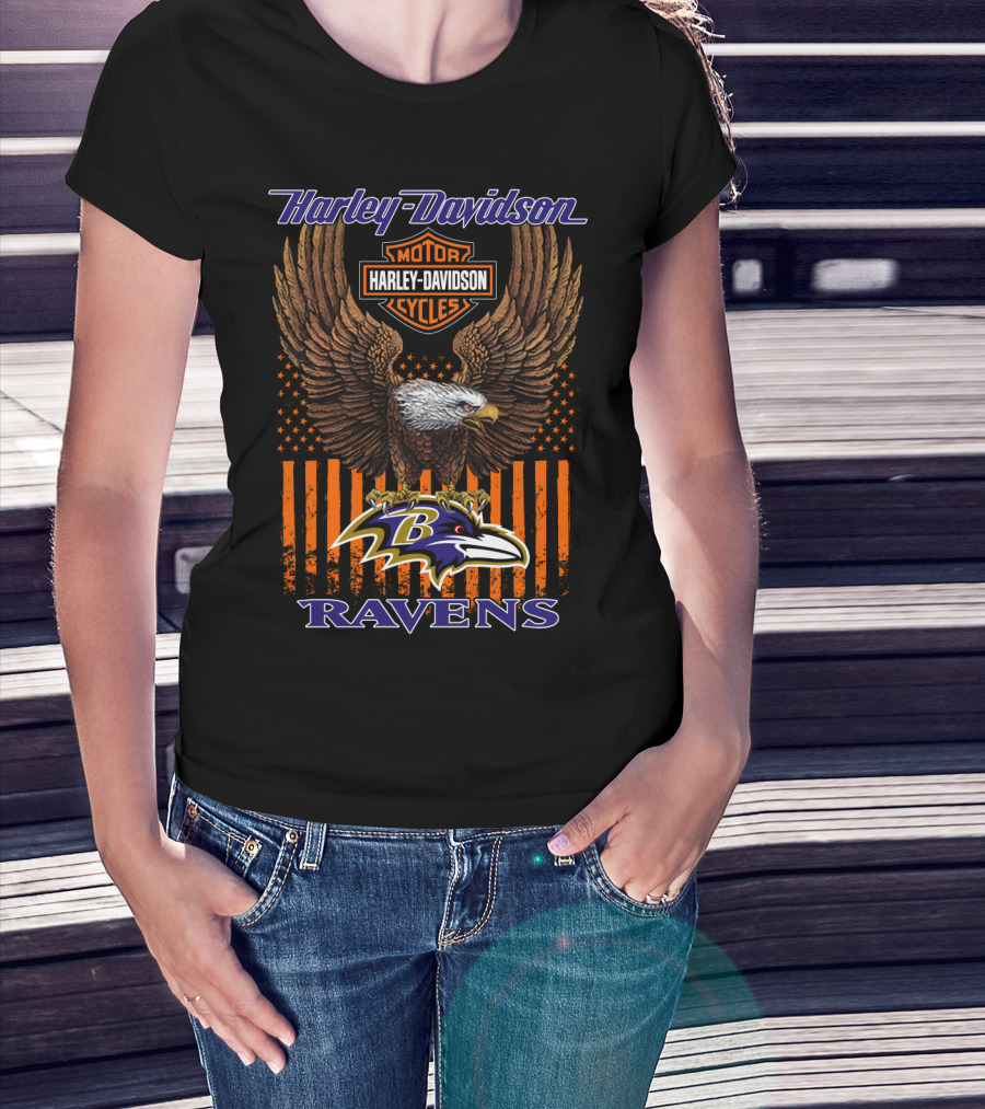 Harley Davidson Motor Cycles Baltimore Ravens Eagle American Flag T-Shirt