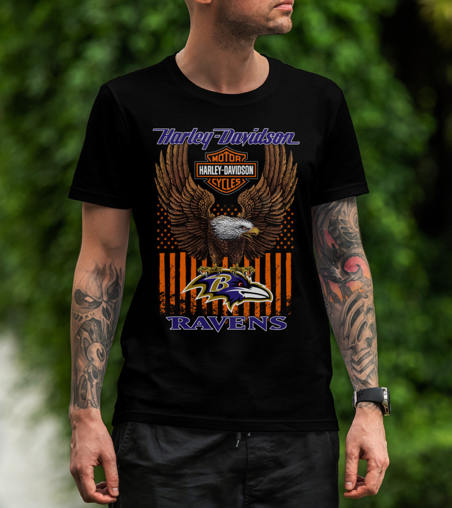 Harley Davidson Motor Cycles Baltimore Ravens Eagle American Flag T-Shirt
