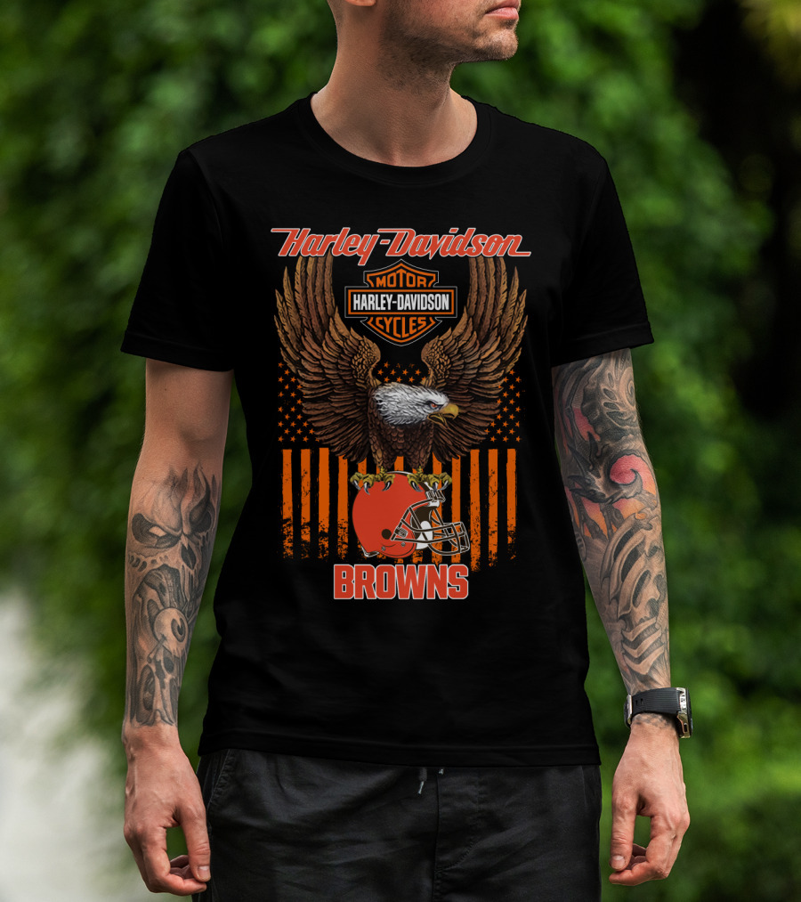 Harley Davidson Motor Cycles Nfl Cleveland Browns Eagle Flag T-Shirt