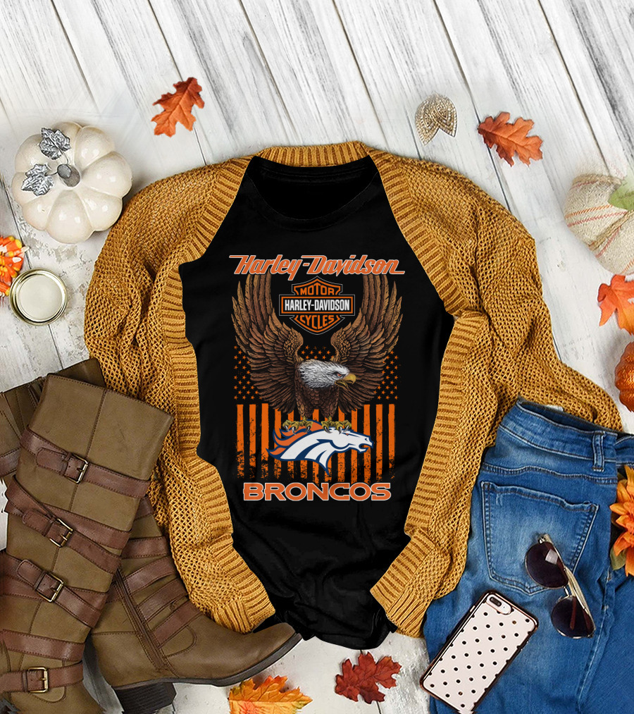 Harley Davidson Motor Cycles Denver Broncos Eagle American Flag T-Shirt