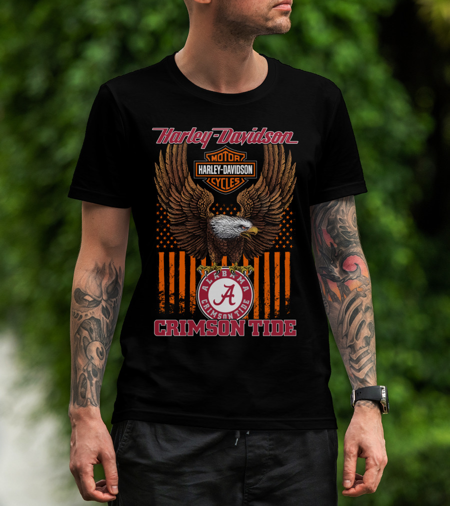 Harley Davidson Alabama Crimson Tide Eagle Usa Flag T-Shirt