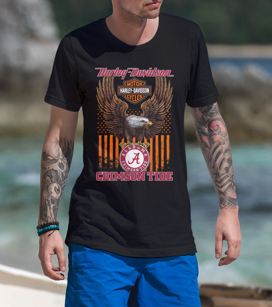 Harley Davidson Alabama Crimson Tide Eagle Usa Flag T-Shirt