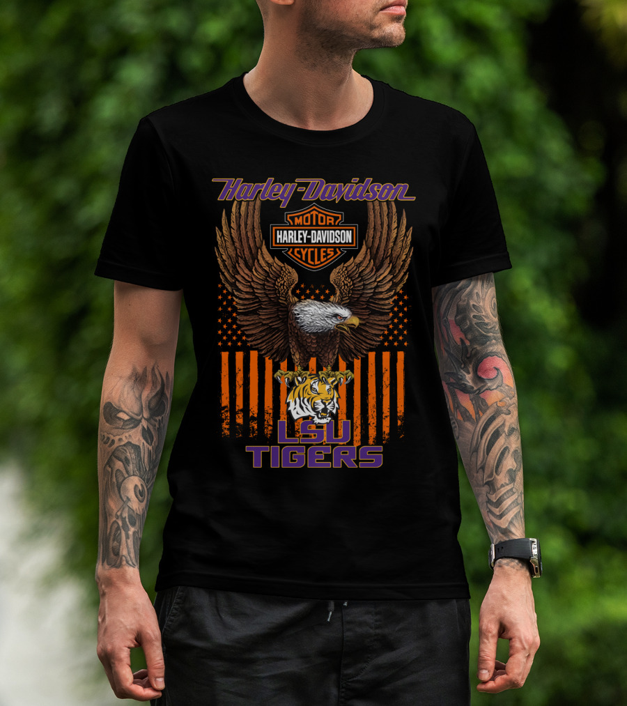 Harley Davidson Lsu Tigers Eagle And Stripes T-Shirt