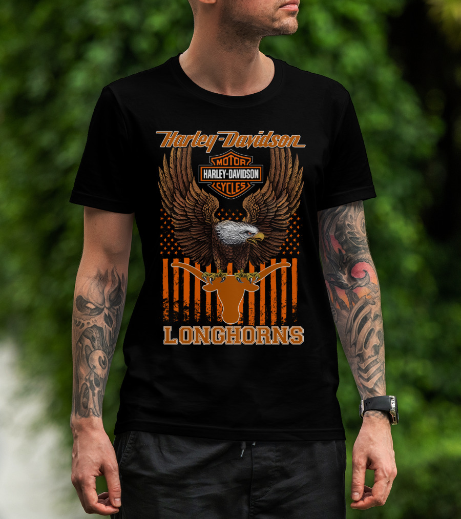 Harley Davidson Motor Cycles Eagle Stars And Stripes Longhorns T-Shirt