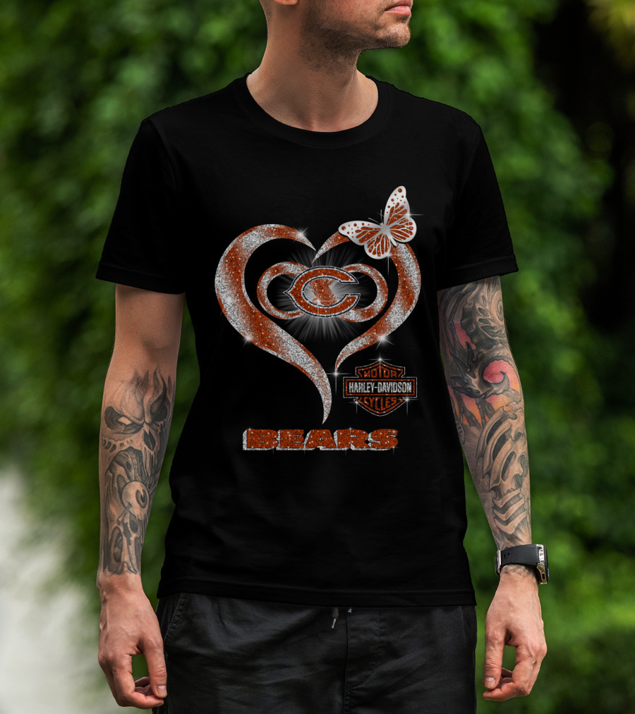Chicago Bears Heart Harley Davidson Butterfly T-Shirt