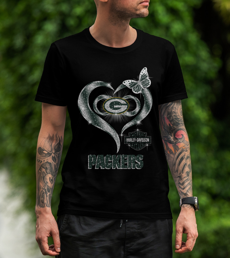 Green Bay Packers Harley Davidson Heart Butterfly T-Shirt