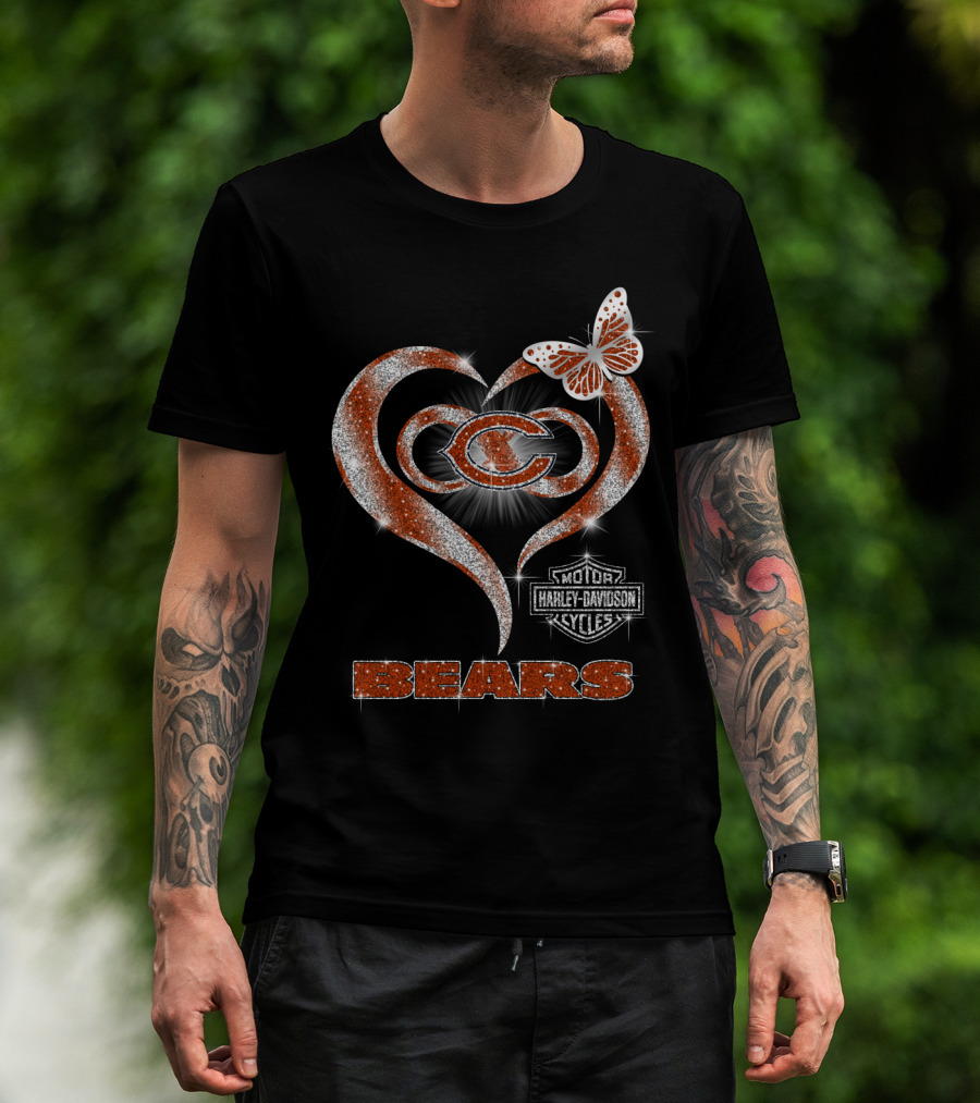 Hlh01 Chicago Bears Heart Butterfly Harley Davidson Cycles T-Shirt