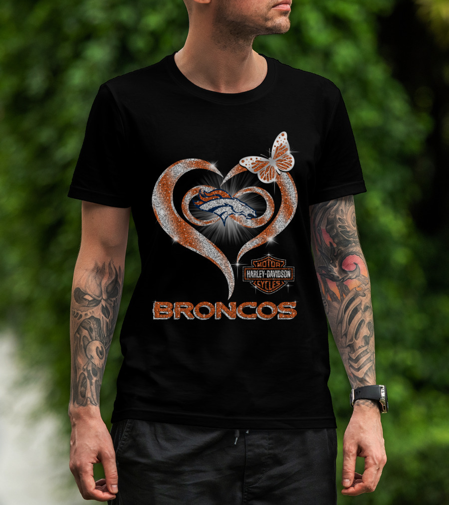 Hlh01 Denver Broncos Harley Davidson Heart Butterfly Sparkle T-Shirt