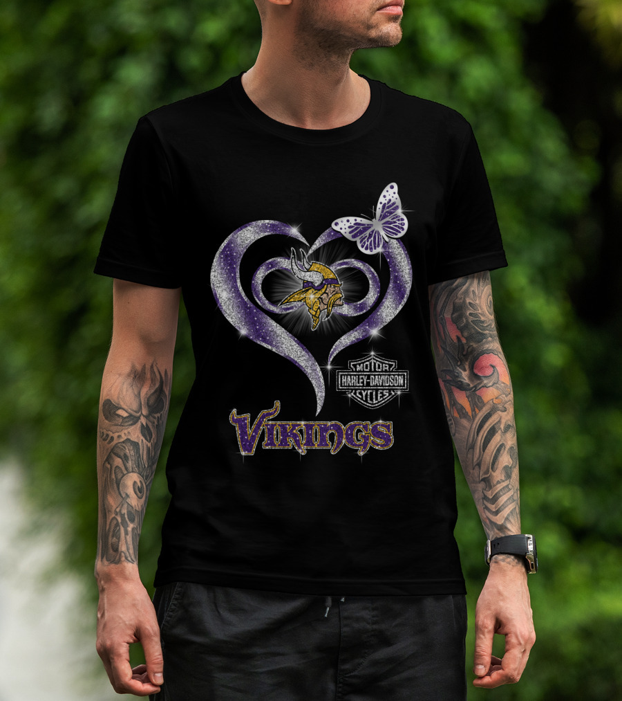 Vikings Harley Davidson Butterfly Heart T-Shirt