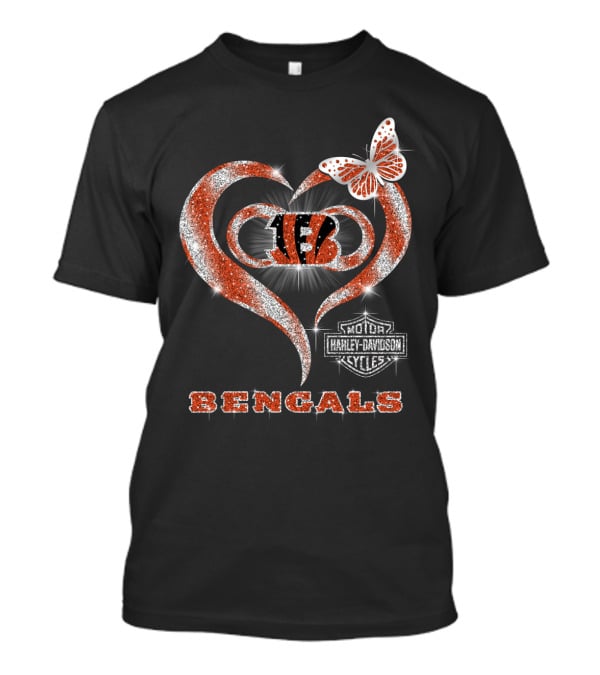 Cincinnati Bengals Heart Harley Davidson Butterfly T-Shirt