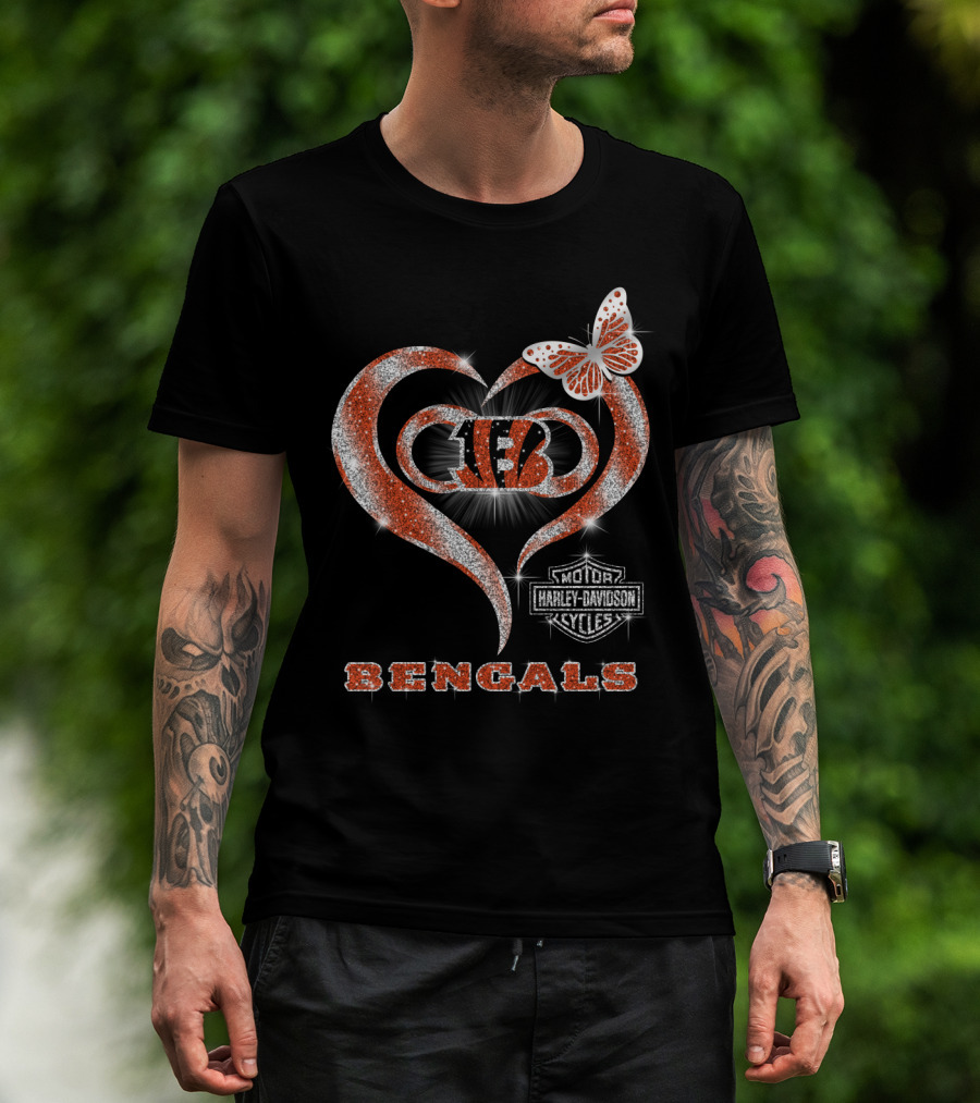 Cincinnati Bengals Heart Harley Davidson Butterfly T-Shirt
