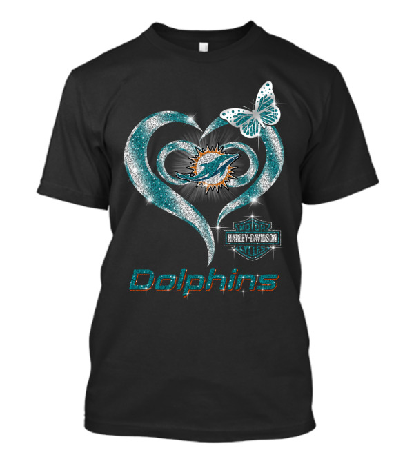 Miami Dolphins Heart With Harley Davidson Logo And Butterfly T-Shirt