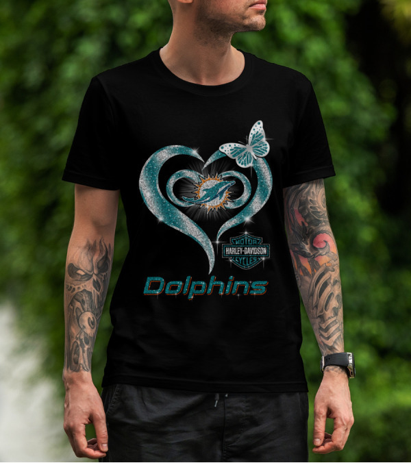 Miami Dolphins Heart With Harley Davidson Logo And Butterfly T-Shirt