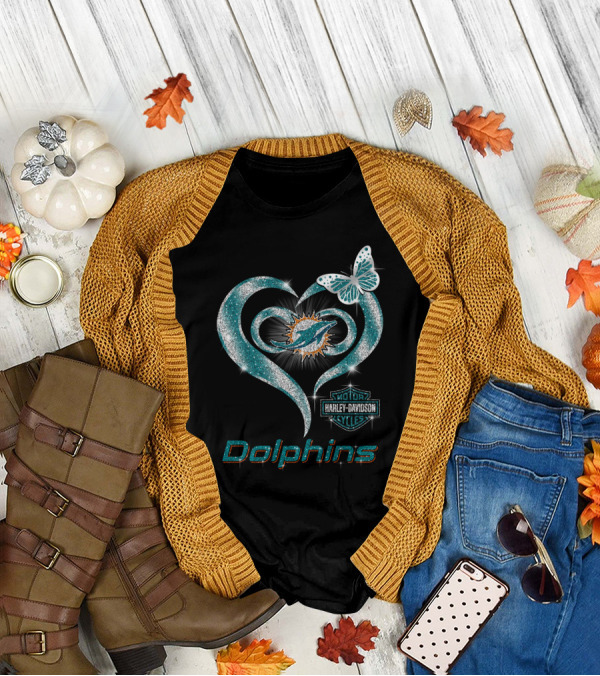 Miami Dolphins Heart With Harley Davidson Logo And Butterfly T-Shirt