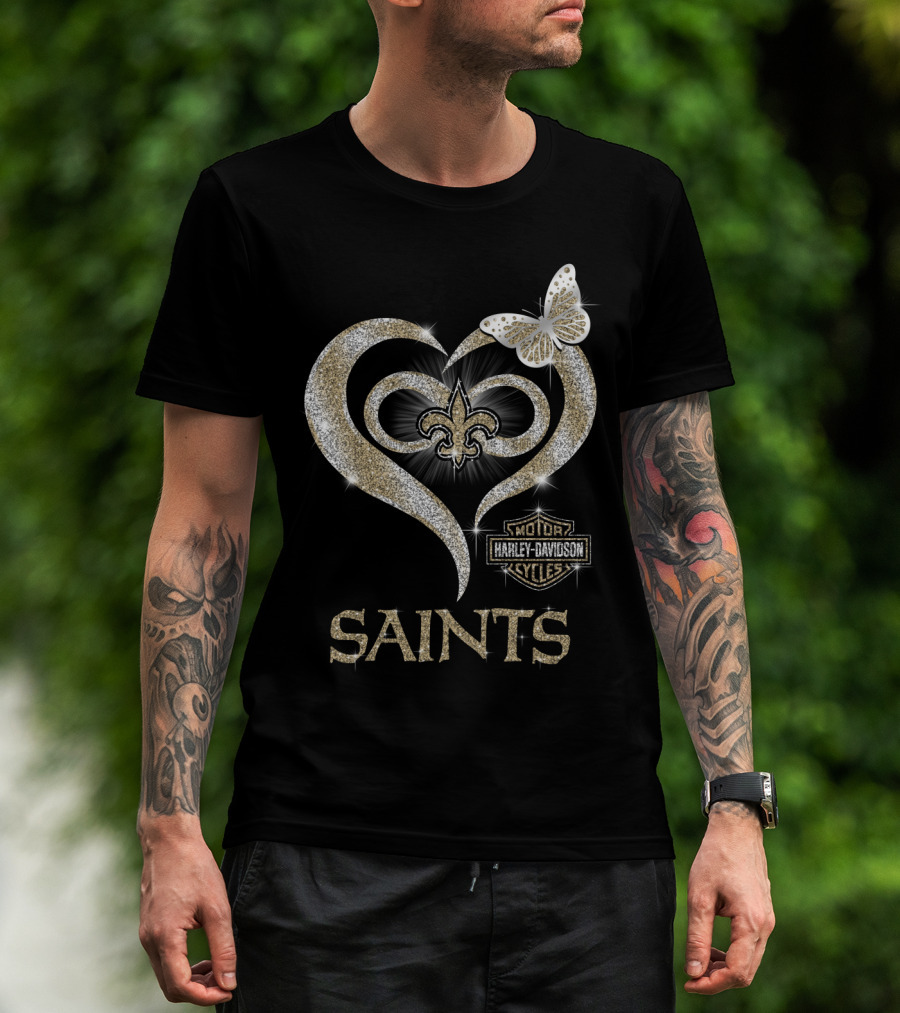 New Orleans Saints Harley Davidson Heart Fleur-De-Lis Butterfly T-Shirt