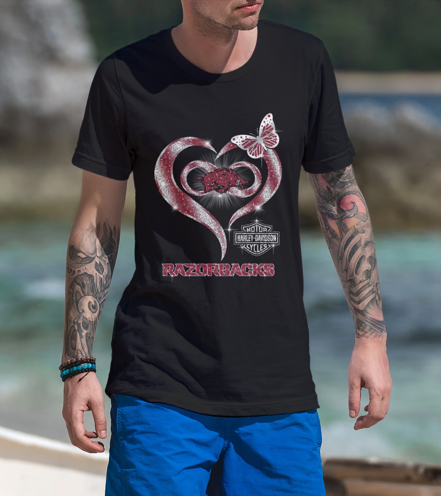 Razorbacks Heart Arkansas Harley Davidson Cycles Butterfly T-Shirt